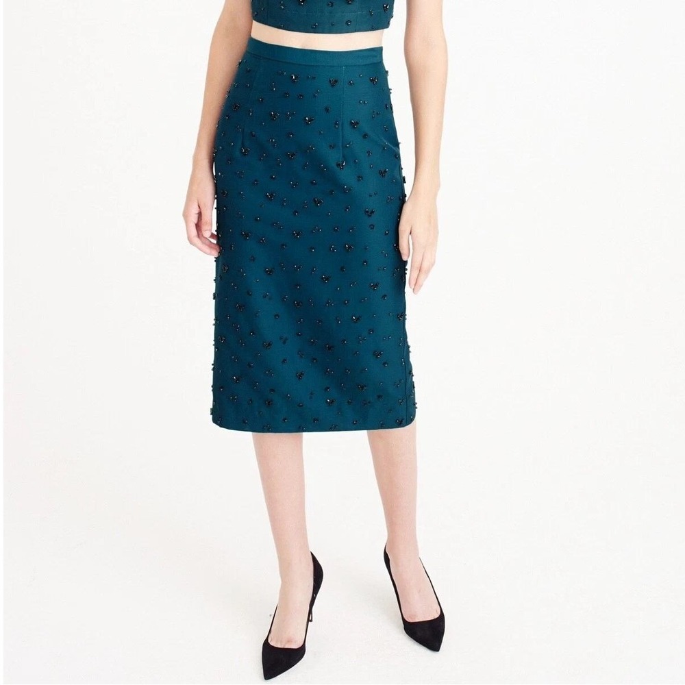 J. Crew‎ Collection Teal Deep Harbor Black Rhinestone Pencil Skirt Beaded Size 4